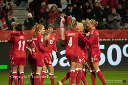 Celebration of a goal in the World Cup qualifier Denmark vs Russia at Energi Viborg Arena in Viborg, Denmark