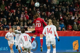 Signe Bruun (#20 Denmark) with a header in the World Cup qualifier Denmark vs Russia at Energi Viborg Arena in Viborg, Denmark