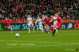 Sanne Troelgaard (#7 Denmark) shooting a penalty-kick in the World Cup qualifier Denmark vs Russia at Energi Viborg Arena in Viborg, Denmark
