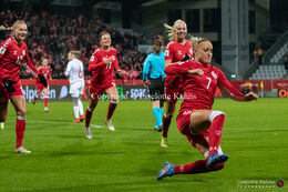 Sanne Troelgaard (#7 Denmark) celebrating scoring on a penalty-kick in the World Cup qualifier Denmark vs Russia at Energi Viborg Arena in Viborg, Denmark