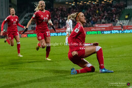 Sanne Troelgaard (#7 Denmark) celebrating scoring on a penalty-kick in the World Cup qualifier Denmark vs Russia at Energi Viborg Arena in Viborg, Denmark