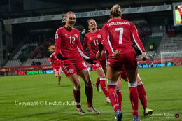 Celebration of Sanne Troelgaard's (#7 Denmark) penalty-kick goal in the World Cup qualifier Denmark vs Russia at Energi Viborg Arena in Viborg, Denmark