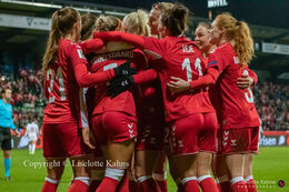 Celebration of Sanne Troelgaard's (#7 Denmark) penalty-kick goal in the World Cup qualifier Denmark vs Russia at Energi Viborg Arena in Viborg, Denmark