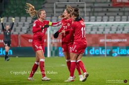 Celebration of Mille Gejl's (#21 Denmark) goal in the World Cup qualifier Denmark vs Russia at Energi Viborg Arena in Viborg, Denmark