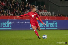 Katrine Veje (#11 Denmark) preparing for a shot in the World Cup qualifier Denmark vs Russia at Energi Viborg Arena in Viborg, Denmark
