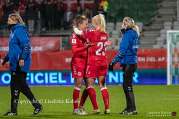 Katrine Veje (#11 Denmark) and Sofie Svava (#23 Denmark) celebrating the victory in the World Cup qualifier Denmark vs Russia at Energi Viborg Arena in Viborg, Denmark