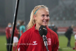 WMS NT, Denmark vs. Italy. Viborg 2020. Pernille Harder getting interviewed