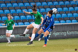 Victoria Frances Bruce (#4 Fortuna Hjorring) and Stephanie Ribeiro (#17 HB Koge) battling for the ball in the "Gjensidige Kvindeliga" match between Fortuna Hjorring and HB Koge at Hjorring stadium in Hjorring, Denmark