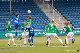 Battle for the ball in the "Gjensidige Kvindeliga" match between Fortuna Hjorring and HB Koge at Hjorring stadium in Hjorring, Denmark