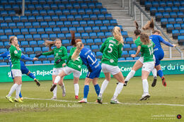 Battle for the ball in the "Gjensidige Kvindeliga" match between Fortuna Hjorring and HB Koge at Hjorring stadium in Hjorring, Denmark