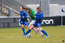 Emma Snerle (#10 Fortuna Hjorring) and Selma Svendsen (#4 FB Koge) battle for the ball in the "Gjensidige Kvindeliga" match between Fortuna Hjorring and HB Koge at Hjorring stadium in Hjorring, Denmark