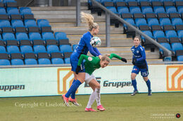 Laura Guldbjerg Pedersen (#8 HB Koge)and Olivia Moller Holdt (#13 Fortuna Hjorring) battle for the ball in the "Gjensidige Kvindeliga" match between Fortuna Hjorring and HB Koge at Hjorring stadium in Hjorring, Denmark