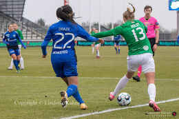 Olivia Moller Holdt (#13 Fortuna Hjorring) and Isabella Obaze (#22 FB Koge) battle for the ball in the "Gjensidige Kvindeliga" match between Fortuna Hjorring and HB Koge at Hjorring stadium in Hjorring, Denmark