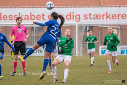 Isabella Obaze (#22 FB Koge) with a header in the "Gjensidige Kvindeliga" match between Fortuna Hjorring and HB Koge at Hjorring stadium in Hjorring, Denmark