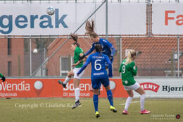 Victoria Frances Bruce (#4 Fortuna Hjorring) fighting for the ball with two HB Koge players in the "Gjensidige Kvindeliga" match between Fortuna Hjorring and FB Koge at Hjorring stadium in Hjorring, Denmark
