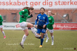 Emma Snerle (#10 Fortuna Hjorring) and Isabella Obaze (#22 FB Koge) in the "Gjensidige Kvindeliga" match between Fortuna Hjorring and HB Koge at Hjorring stadium in Hjorring, Denmark