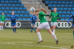 Emma Snerle (#10 Fortuna Hjorring) with a header in the "Gjensidige Kvindeliga" match between Fortuna Hjorring and HB Koge at Hjorring stadium in Hjorring, Denmark