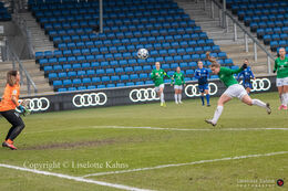 Emma Snerle (#10 Fortuna Hjorring) heads for goal in the "Gjensidige Kvindeliga" match between Fortuna Hjorring and HB Koge at Hjorring stadium in Hjorring, Denmark