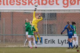 Line Johansen (#27 Fortuna Hjorring) with a save in the "Gjensidige Kvindeliga" match between Fortuna Hjorring and HB Koge at Hjorring stadium in Hjorring, Denmark