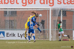 Action in front of Fortuna Hjorrings goal in the "Gjensidige Kvindeliga" match between Fortuna Hjorring and HB Koge at Hjorring stadium in Hjorring, Denmark