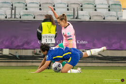 Caroline Hansen (#16 FC Barcelona) and Jess Carter (#7 Chelsea) battle for the ball in the UEFA Women's Champions League Final, Chelsea vs. FC Barcelona