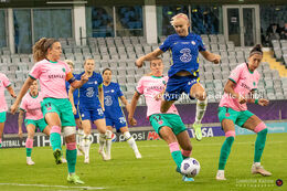 Pernille Harder (#23 Chelsea) jumping for the ball in the UEFA Women's Champions League Final, Chelsea vs. FC Barcelona