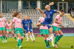 Pernille Harder (#23 Chelsea) jumping for the ball in the UEFA Women's Champions League Final, Chelsea vs. FC Barcelona