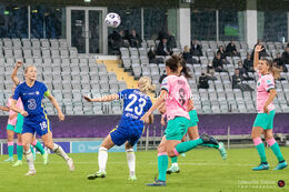 Pernille Harder (#23 Chelsea) about to make a header in the UEFA Women's Champions League Final, Chelsea vs. FC Barcelona