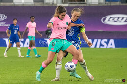 Magdalena Eriksson (#16 Chelsea) and Mariona Caldentey (#9 FC Barcelona) battle for the ball in the UEFA Women's Champions League Final, Chelsea vs. FC Barcelona