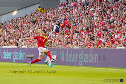 Stine Ballisager (#3 Denmark) battles for the ball in the friendly match Denmark vs Brazil at Parken Stadium, Copenhagen, Denmark