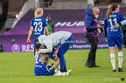 Fran Kirby (#14 Chelsea) is comforted by Maren Mjelde (injured) in the UEFA Women's Champions League Final, Chelsea vs. FC Barcelona