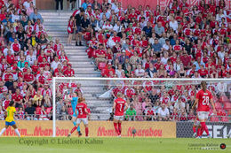 Lene Christensen (#1 Denmark) with a save in the friendly match Denmark vs Brazil at Parken Stadium, Copenhagen, Denmark