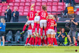 Celebration of Janni Thomsen's (#19 Denmark) goal in the friendly match Denmark vs Brazil at Parken Stadium, Copenhagen, Denmark