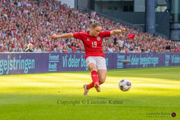Janni Thomsen (#19 Denmark) with a shot in the friendly match Denmark vs Brazil at Parken Stadium, Copenhagen, Denmark