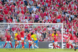 Action in front of Denmark's goal in the friendly match Denmark vs Brazil at Parken Stadium, Copenhagen, Denmark