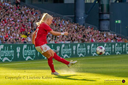Sofie Svava (#23 Denmark) with a shot in the friendly match Denmark vs Brazil at Parken Stadium, Copenhagen, Denmark