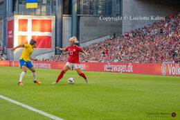 Sofie Svava (#23 Denmark) battles for the ball in the friendly match Denmark vs Brazil at Parken Stadium, Copenhagen, Denmark