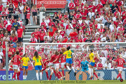 Action in front of Denmark's goal in the friendly match Denmark vs Brazil at Parken Stadium, Copenhagen, Denmark