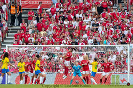Action in front of Denmark's goal in the friendly match Denmark vs Brazil at Parken Stadium, Copenhagen, Denmark