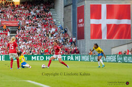 Katrine Veje (#11 Denmark) in the friendly match Denmark vs Brazil at Parken Stadium, Copenhagen, Denmark