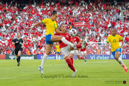 Nadia Nadim (#9 Denmark) battles for the ball in the friendly match Denmark vs Brazil at Parken Stadium, Copenhagen, Denmark