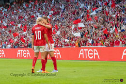 Celebration of Mille Gejl's (#21 Denmark) goal in the friendly match Denmark vs Brazil at Parken Stadium, Copenhagen, Denmark