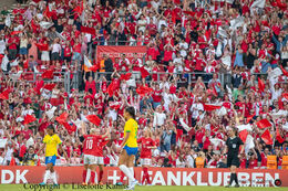 Celebration of Denmark's 2-1 victory in the friendly match Denmark vs Brazil at Parken Stadium, Copenhagen, Denmark