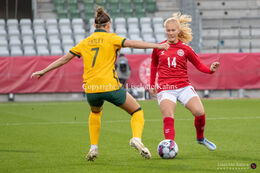 Sofie Bredgaard (#14 Denmark) battles for the ball in the friendly match Denmark vs Australia at Viborg Stadium, Denmark