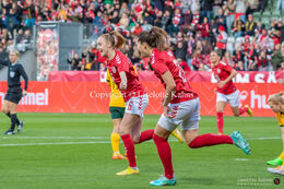 Karen Holmgaard (#6 Denmark) celebrating her 1-0 goal in the friendly match Denmark vs Australia at Viborg Stadium, Denmark