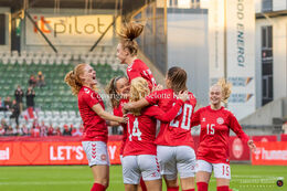Celebration of Karen Holmgaard's (#6 Denmark) goal in the friendly match Denmark vs Australia at Viborg Stadium, Denmark