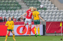 Amalie Vangsgaard (#9 Denmark) preparing for a header in the friendly match Denmark vs Australia at Viborg Stadium, Denmark