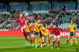 Signe Bruun (#20 Denmark) preparing for a header in the friendly match Denmark vs Australia at Viborg Stadium, Denmark