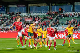 Signe Bruun (#20 Denmark) with a header in the friendly match Denmark vs Australia at Viborg Stadium, Denmark