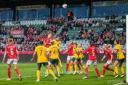 Rikke Sevecke (#4 Denmark) with a header in the friendly match Denmark vs Australia at Viborg Stadium, Denmark
